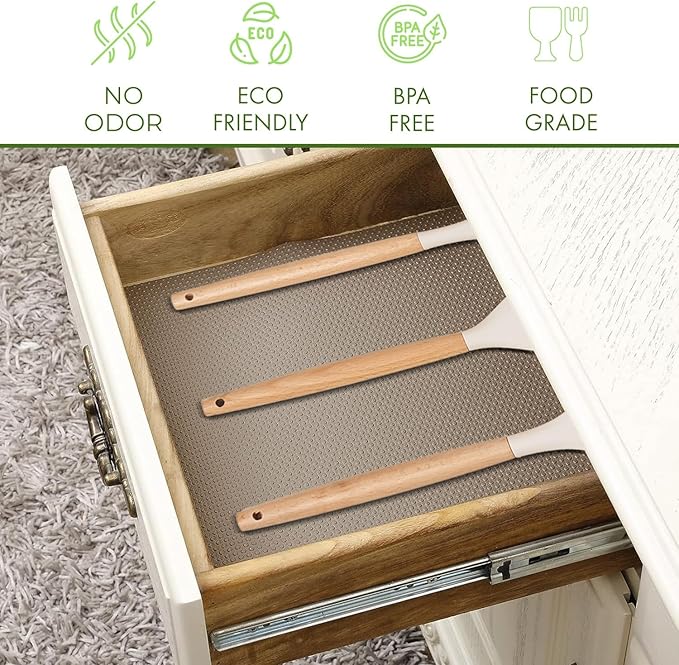 EVALAND 12" x 33 FT Non-Slip Shelf Liner, Non-Adhesive, BPA-Free, Waterproof Pantry Liner for Shelves, Easy to Cut, Oil-Proof Shelf Liners for Kitchen, Cabinets, Drawers, Refrigerator, Beige