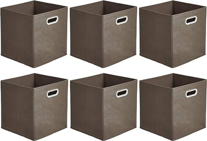 Amazon Basics Collapsible Cube Storage Organizer Bins, 6-Pack, 10.5 x 10.5 x 11 inches, Taupe