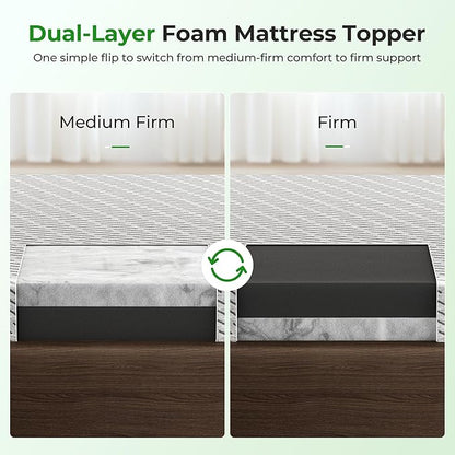 Bamboo Mattress Topper King Size 3 Inch, Cooling Gel & Bamboo Charcoal Memory Foam Mattress Topper for Back Pain Relief, Firm Dual-Layer Foam Bed Pad with Removable Cover