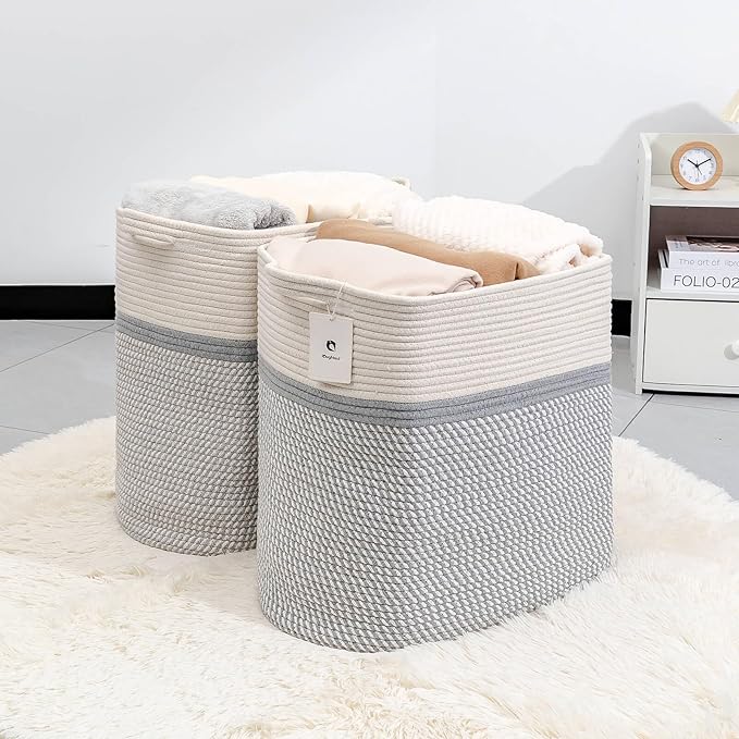 Storage Baskets for Clothes Fabric Cotton Rope Storage Basket with Handles, Decorative Woven Basket for Living Room,Closet Organizer Blankets, and 2bags (White/Gray, L14×W11×H14)