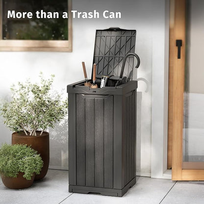 EAST OAK 31 Gallon Outdoor Trash Can | Waterproof Resin Garbage Can with Recycle and Garbage Labels | Secure Bag Lip Lock and Drip Tray | Outside Trash Bin for Patio | Kitchen, Backyard or Deck | Gray