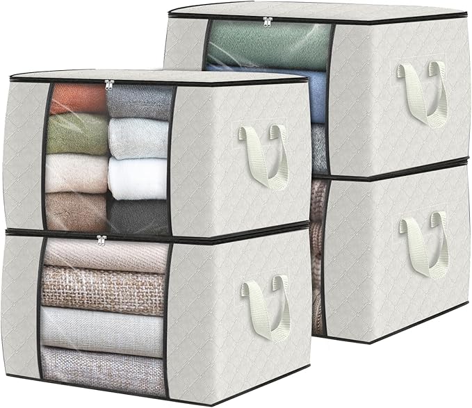 Fab totes 4 Pack Clothes Storage, Foldable Thick Fabric Blanket Storage Bags, Containers for Organizing Bedroom, Closet, Clothing, Comforter, Organization with Handle,Ivory White