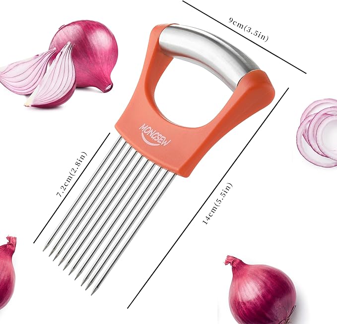 Onion Slicer Holder, MONGSEW Stainless Steel Onion Cutter for Slicing and Storage of Onions, Avocados, Eggs, Dishwasher Safe, Protective Cover Included (Stylish Orange)