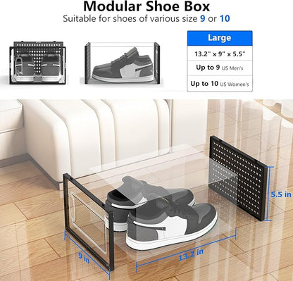 12 Pack Large Modular Clear Plastic Stackable Shoe Storage Organizer for Closet, Space Saving Versatile Sneaker Shoe Rack Containers Bins Holders, Portable Closet Organizers and Storage, Black