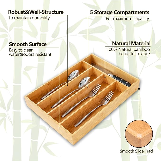 Silverware Organizer, 10 Inch Utensil Organizer Kitchen Drawer Organizer Bamboo Silverware Holder Cutlery Tray Organizer in Drawer Flatware Organizer Tray(5 slots, Natural）