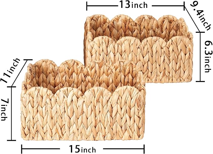 Scalloped Basket Wicker & Rattan Storage Basket with Built-in Handles, Large Woven Water Hyacinth for Nursery & Bathroom Organization 2 Pack