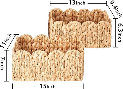 Scalloped Basket Wicker & Rattan Storage Basket with Built-in Handles, Large Woven Water Hyacinth for Nursery & Bathroom Organization 2 Pack