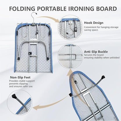 Metal Foldable Tabletop Ironing Board with Iron Rest, Portable Ironing Board Small with Heat Resistant Cotton Cover, Mini Iron Board for Small Space and Travel, 31"x12",Blue