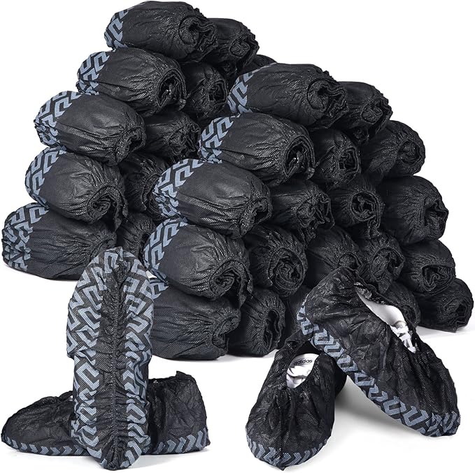Zhanmai 300 Pack Disposable Shoe Covers Non Slip Disposable Large Foot Booties Shoe Covers for Indoors Contractors Floor and Carpet Protectors, One Size Fits Most(Black)