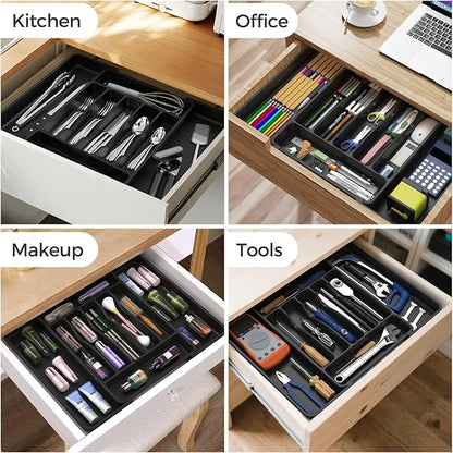 Extra Large Expandable Silverware Organizer, BPA-Free Food-Safe Cutlery Flatware Organizer, Kitchen Utensil Drawer Organizer, Adjustable Silverware Holder for Spoons Forks Knives, Black
