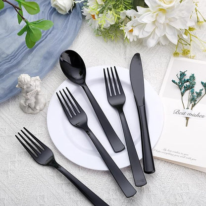 EI 360pcs Black Plastic Silverware,Disposable Cutlery,Plastic Silverware Heavy Duty,Plastic Spoons and Forks include 120pcs Forks,120pcs Spoons and 120pcs Knives,for Holiday, Birthday, Party