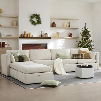 CHITA Oversized Modular Sectional Fabric Sofa Set, FSC Certified Extra Large U Shaped Couch Reversible Chaise Modular Sectional Couch, 146 inch Width, 6 Seat Modular Sofa with Storage Ottomans, Linen