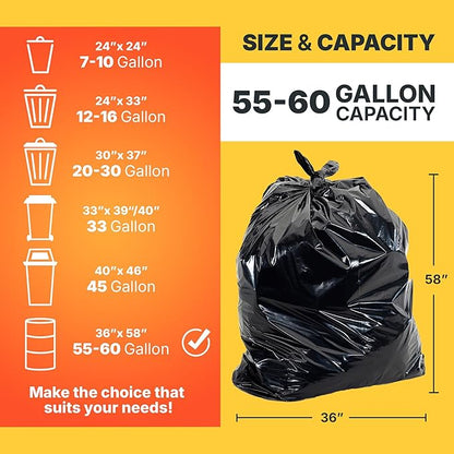 55-60 Gallon Trash Bags, 30 Micron Heavy Duty Pure LDPE Garbage Can Liners, 36" x 58" Large, Black, 100 Count
