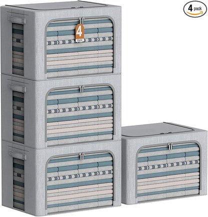 4 Pack Clothes Storage Bins with Metal Frame - Linen Fabric Foldable Stackable Container Organizer Set with Clear Window & Carry Handles & Zippers (Light Grey, 23.6"x16.5"x15.7")