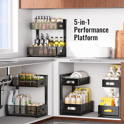 Under Sink Organizer, Silk-Smooth Metal Sliding Drawer Organizers and Storage Rack, Pull Out Cabinet Shelf for Kitchen, Bathroom, Pantry, Cabinet, Closet