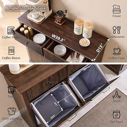 Modern Double Tilt-Out Trash Cabinet, 20 Gallon Fluted Laundry Hamper Cabinet with 2 Drawers, Wooden Hidden Garbage Can Cabinet w/Storage Basket,Free Standing for Kitchen & Living Room, Brown