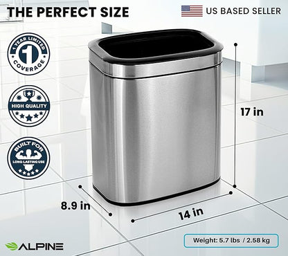 Alpine Stainless Steel Open Top Trash Can 5 Gallon - 20L Garbage Can for Kitchen, Bathroom, Office & More with Removable Bin, Brushed Nickel Finish, Space-Saving Slim Modern Design