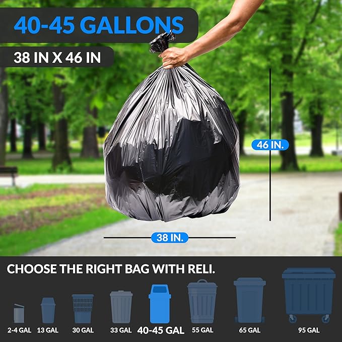 Reli. 40 to 45 Gallon Trash Bags Heavy Duty | 250 Trash Bags | Super Sizeable, Black, Garbage for Serious Cleanup