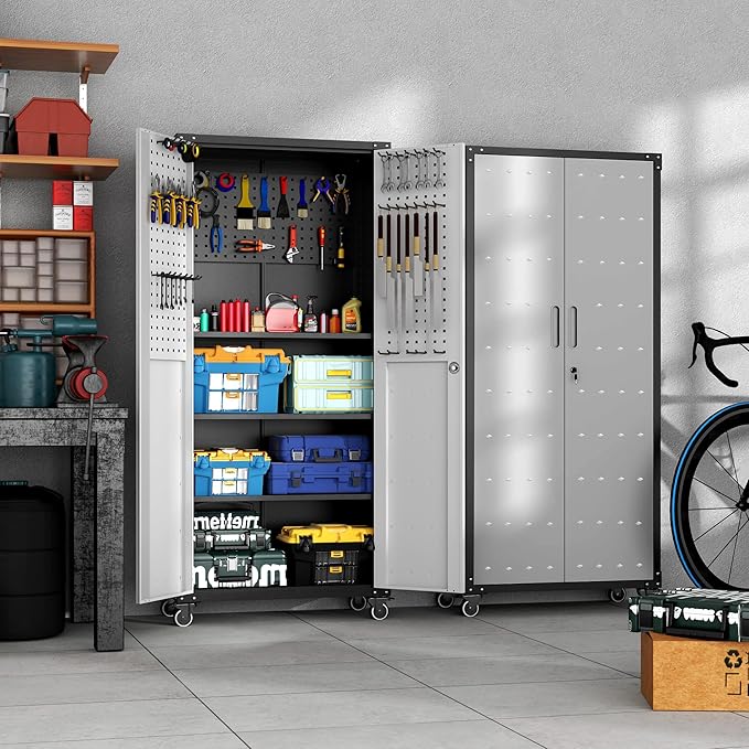 Garage Metal Storage Cabinet with Pegboard, 71'' Tall Storage Cabinet with Adjustable Shelves and Doors, Rolling Tool Cabinet on Wheels for Garage, Utility Room (Black & Grey)