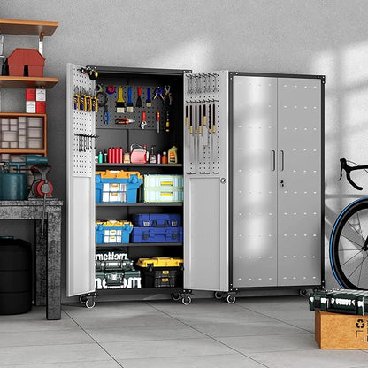 Garage Metal Storage Cabinet with Pegboard, 71'' Tall Storage Cabinet with Adjustable Shelves and Doors, Rolling Tool Cabinet on Wheels for Garage, Utility Room (Black & Grey)