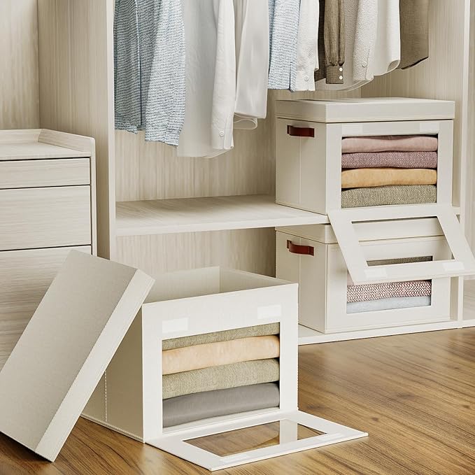 Large Storage Bins with Lids,Stackable&Collapsible Closet Storage Bins,Oxford Fabric Organizer Box with Clear Window,Large Decorative Storage Boxes for Shelves,Wardrobe,Living Room(Beige)