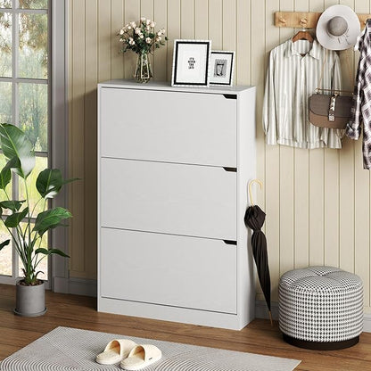 Shoe Cabinet with 3 Flip Drawers, Hidden Wood Shoe Cabinet,Freestanding Shoe Storage Cabinet for Entryway Hallway.White. 47.2" H*31.5" W*9.45" D.