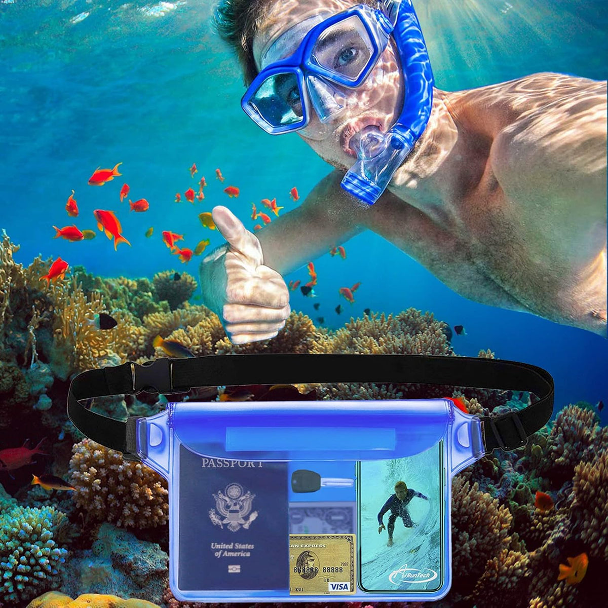 AiRunTech Waterproof Pouch with Waist Strap (2 Pack) | Beach Accessories Best Way to Keep Your Phone and Valuables Safe and Dry | Perfect for Boating Swimming Snorkeling Kayaking Beach Pool Water Park