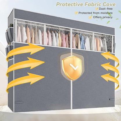 Raybee Clothes Rack with Cover,1150LBS Heavy Duty Clothing Rack for Hanging Clothes,Adjustable Portable,18" D x 76" W x 77" H,White