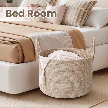Woven Blanket Basket,65L Large Rope Storage Bin with Handles, Organizer for Blankets Toys Book and Clothes, Laundry Basket for Living Room Bedroom Nursery,Oatmeal