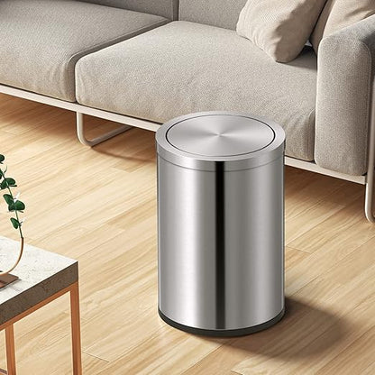 Mbillion Small Trash Can with Swing Lid 2.4 Gallons/9 Liter, Mini Trash Can with lid, Stainless Steel Cylindrical Garbage Can for Home and Office, for Ground and Desktop(Brushed Silver)