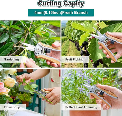 Berry&Bird Mini Pruning Shears for Gardening Straight Blades Hand Pruners with Wooden Handle Garden Scissors Snips Stainless Steel Trimming Small Clippers Bonsai Compact Size Shearing Tool
