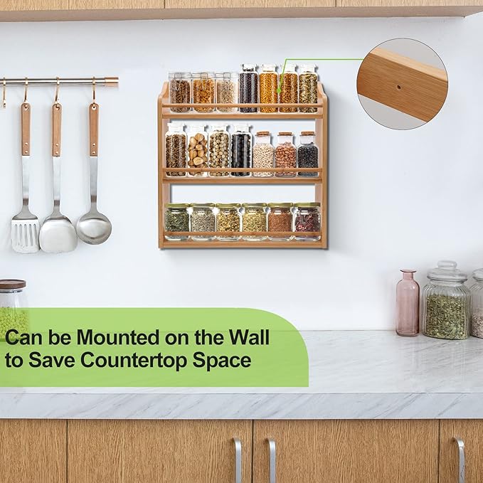 3 Tier Bamboo Spice Rack, Seasoning Jars Rack Shelf Spice Organizer for Kitchen Counter or Wall Mounting
