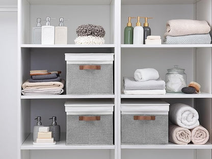 StorageWorks Storage Bins with Lids, Decorative Storage Boxes with Lid and PU Handles, Foldable Storage Baskets for Closet, Shelves, Stackable, Gray and White, Jumbo, 3-Pack