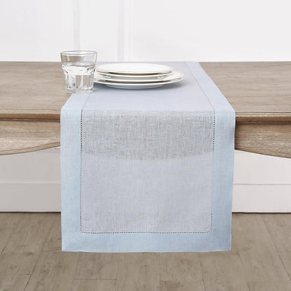 Solino Home Linen Light Blue Table Runner 60 Inches - Classic Hemstitch, 100% Pure Linen Coffee Table Runner 14 x 60 Inch Ideal for Dresser Tables, Christmas, New Year