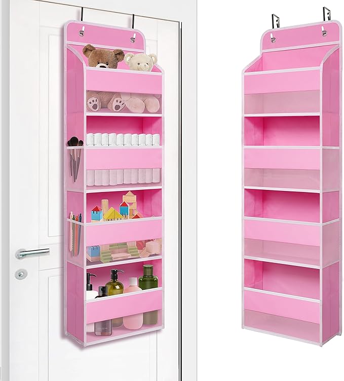 Over The Door Hanging Organizer with 4 Large Pockets – Closet, Bathroom, Nursery, Bedroom, Dorm Storage for Toys, Cosmetics, and Baby Essentials, Pink