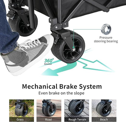 EchoSmile Collapsible Folding Wagon Cart with Compact Storage - 400LBS Capacity All Terrain Utility Cart for Camping, Beach, Grocery, Gardening - Black Outdoor Wagon