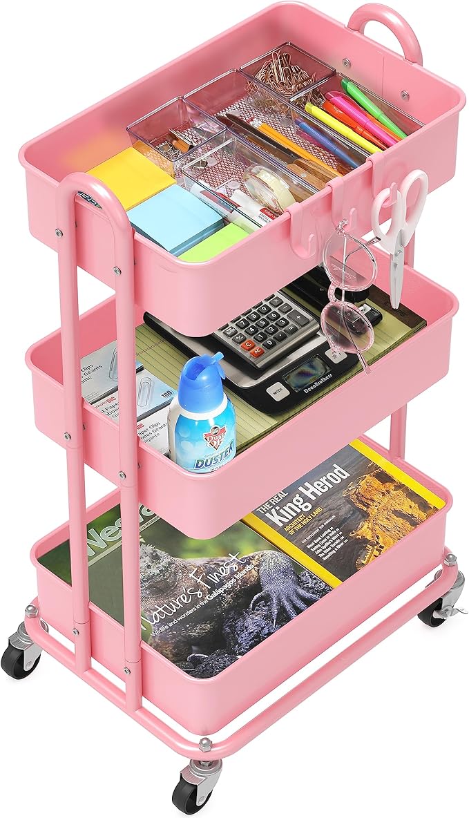 Simple Houseware 3-Tier Heavy Duty Metal Utility Rolling Cart, Pink