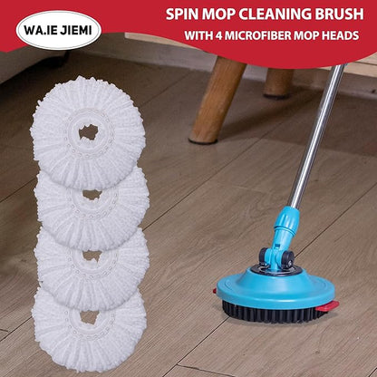 4-Pack White Mop Replacement Heads with 1 Spin Mop Scrub Brush - Microfiber Replacement Mop Heads Universal for 360°Spin Magic Mopping,Round Shape Standard Size