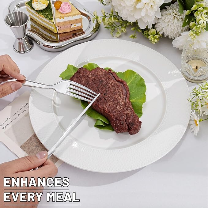 300Pieces Silver Plastic Silverware - Hammered Disposable Utensils - Heavy Duty Plastic Cutlery Set Includes 100 Forks, 100 Spoons, 100 Knives for Dinner Parties Weddings