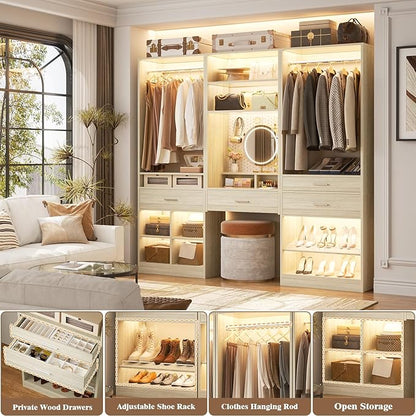Unikito 75” Modular Closet System, Freestanding Closet Organizer with Hanging Rods, Drawers, Adjustable Clothes Garment Rack with Shoe Rack, Sturdy Walk in Closet Set for Bedroom, Mudroom, White Oak