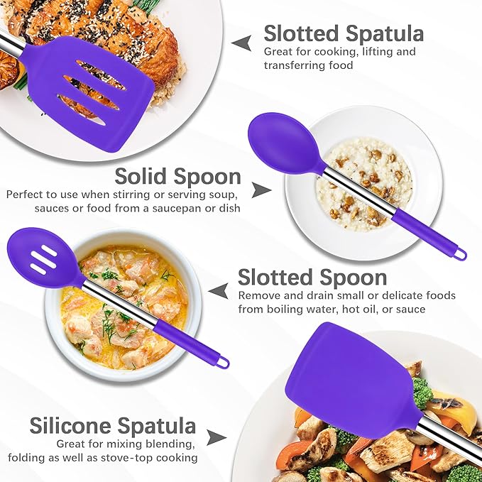 Silicone Spatula Spoon Set, 4 PCS Silicone Cooking Utensils Spatula Spoon Set with Stainless Steel Handle, BPA Free Kitchen Turners for Frying, Mixing, Serving, Draining, Turning, Stirring, Purple