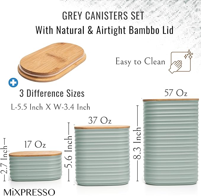 Mixpresso Gray Canisters Sets for the Kitchen – 3-Piece Airtight Plastic Sugar Container Set with Bamboo Lids in Three Different Sizes – Decorative Modern Storage Jars for Coffee, Tea & Countertops