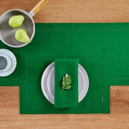 Solino Home Linen Garden Green Table Runner 90 Inches Long - 100% Pure Linen Hemstitch 14 x 90 Inch Table Runner for Dining, Christmas, Winter, New Year - Classic Hemstitch