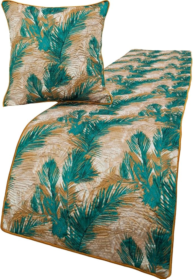 The HomeCentric King/Queen/Twin Green Decorative Twin 53"x18" Bed Runner with Pillow Cover, Plam Leaves & Quilted Bed Scarf on Satin Fabric - Palms