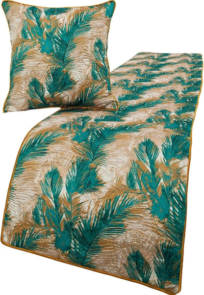 The HomeCentric King/Queen/Twin Green Decorative Twin 53"x18" Bed Runner with Pillow Cover, Plam Leaves & Quilted Bed Scarf on Satin Fabric - Palms