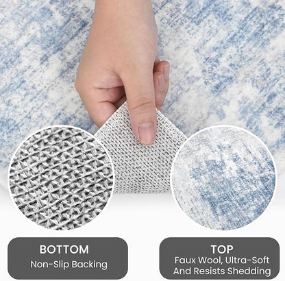 IOHOUZE Abstract Area Rugs 5x7 Ft Washable Rugs for Living Room, Non Slip Dining Room Rug, Printed Faux Wool Rugs for Bedroom, Floor Carpet for Office Nursery Playroom, Light Blue White