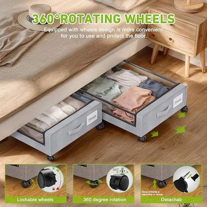 Under Bed Storage with Wheels, 2-Pack Under the Bed Storage Containers with Clear Lids & Label, Underbed Storage Bins, XXL 60L Rolling Metal Drawer for Clothes, Shoes, Toys, Books - Gray