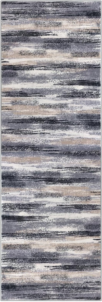 Modern Abstract Runner Rug 2x10, Grey Black Multi Washable Long Kitchen Runner Non-Slip Soft Hallway Rug Runner Thin Print Faux Wool Carpet for Entryway Bedroom Laundry Room Indoor Home Decor