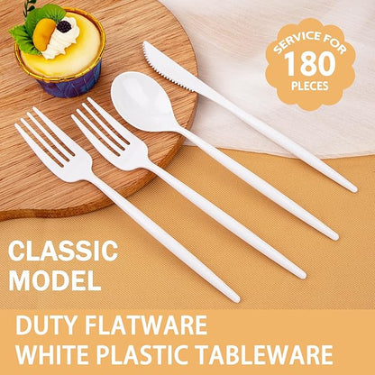 Supernal 180PCS White Plastic Silverware,White Utensils Set Disposable,Disposable Silverware Include 60 Forks,60 Knives,60 Spoons,Heavy Duty Party Cutlery for Birthday,Dinner,Wedding