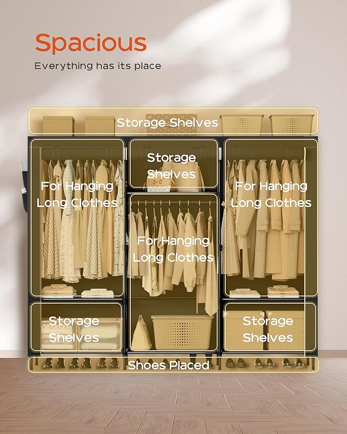 Portable Closet, 81.1 Inch Extra Large Capacity Wardrobe Closet with Cover, Clothes Storage Organizer with Shelves and 3 Hanging Rods, Easy to Assembly, Black PCT133B01